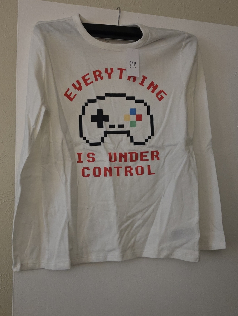 GAP White Long Sleeve Shirt with Pixel Game Controller Graphic